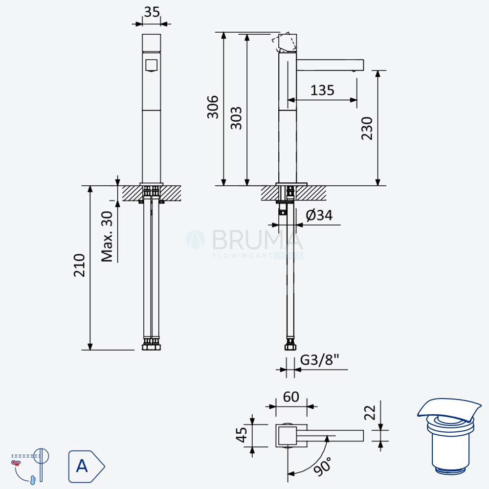 Змішувач для умивальника з відтискним механізмом push-open 1 1/4'' - Quadra Escudo 102 214 2CR Cromado