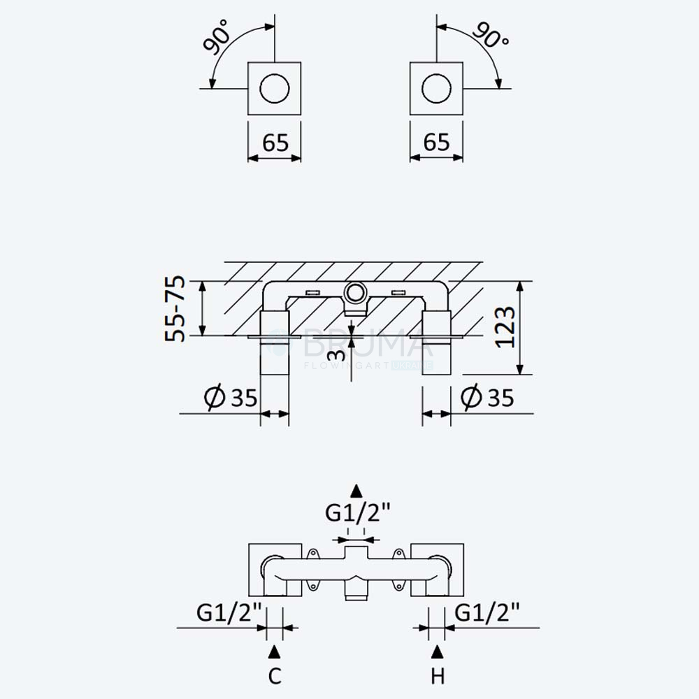 Смеситель скрытого монтажа на 2 отверстия, с 1 выходом ручка тип 2 Lusa 101 950 1SR Sunrise