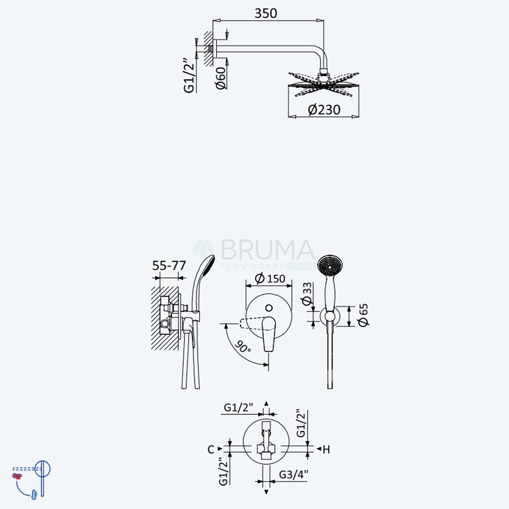 Душевой набор скрытого монтажа с верхней лейкой из ABS Ø230 мм и ручной лейкой Oasis Lune 198 360 1CR Cromado Chrome