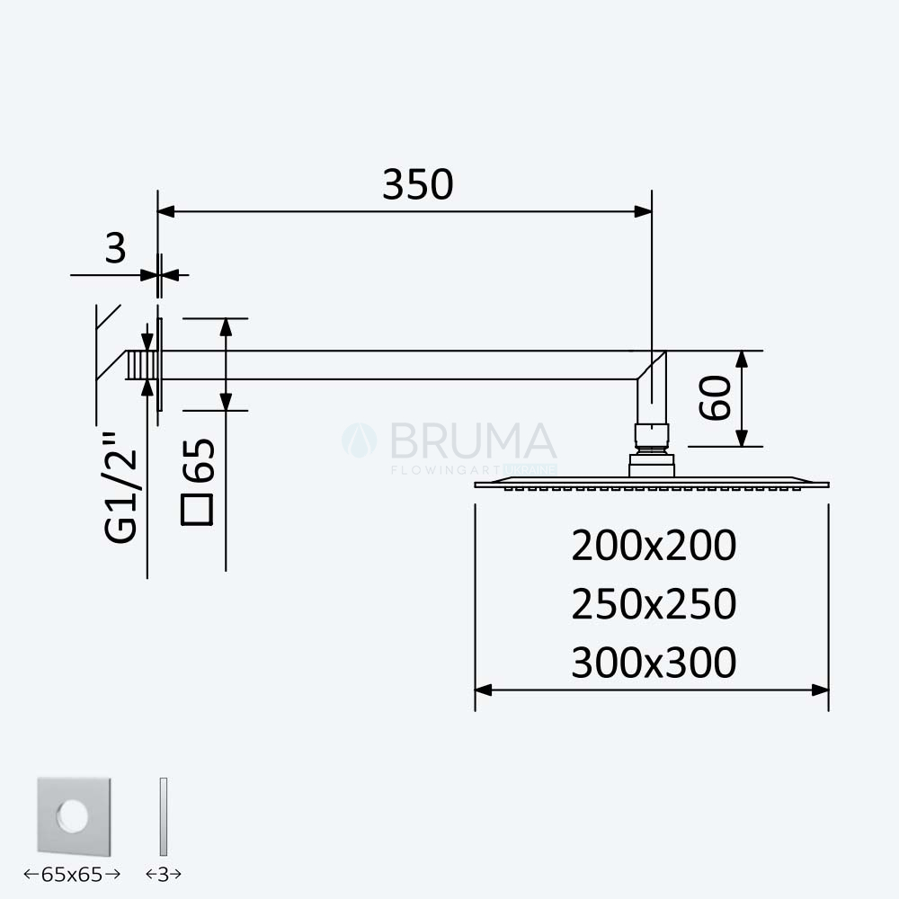 Душова лійка зі сталі 200x200 мм, з настінним тримачем - QuadraBlue 145 526 0CR Cromado