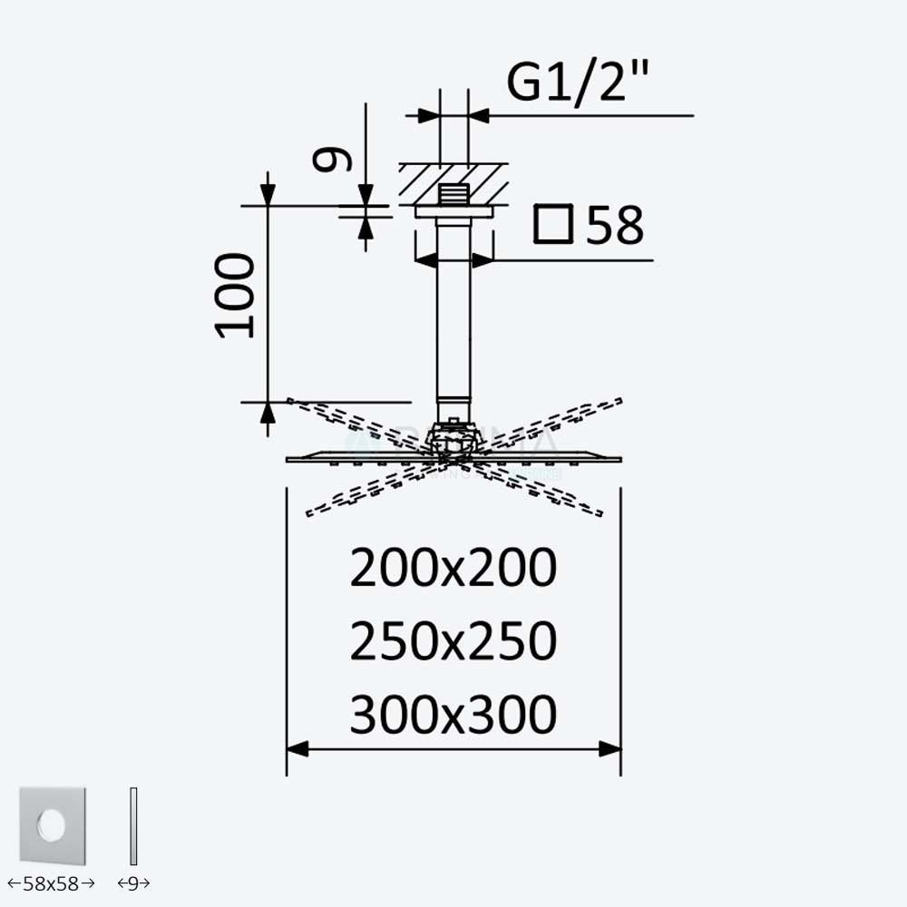 Душова лійка зі сталі 200x200 мм, з стельовим тримачем Quadra 100 мм - Quadra 145 533 6CR Cromado