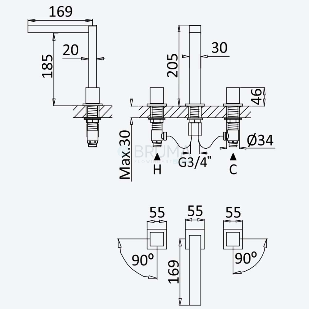 Змішувач для умивальника на 3 отвори, настільний Adamastor 301 250 2CR Cromado / Chrome