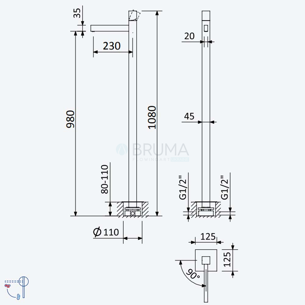 Змішувач для умивальника підлоговий Adamastor 301 350 2CR Cromado / Chrome