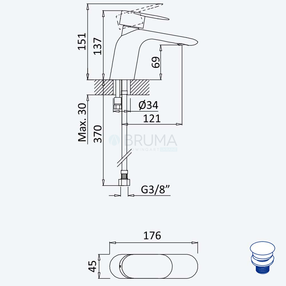 Змішувач для умивальника з відтискним механізмом push-open 1 1/4'' - Elo Spring 112 011 0CR Cromado / Chrome