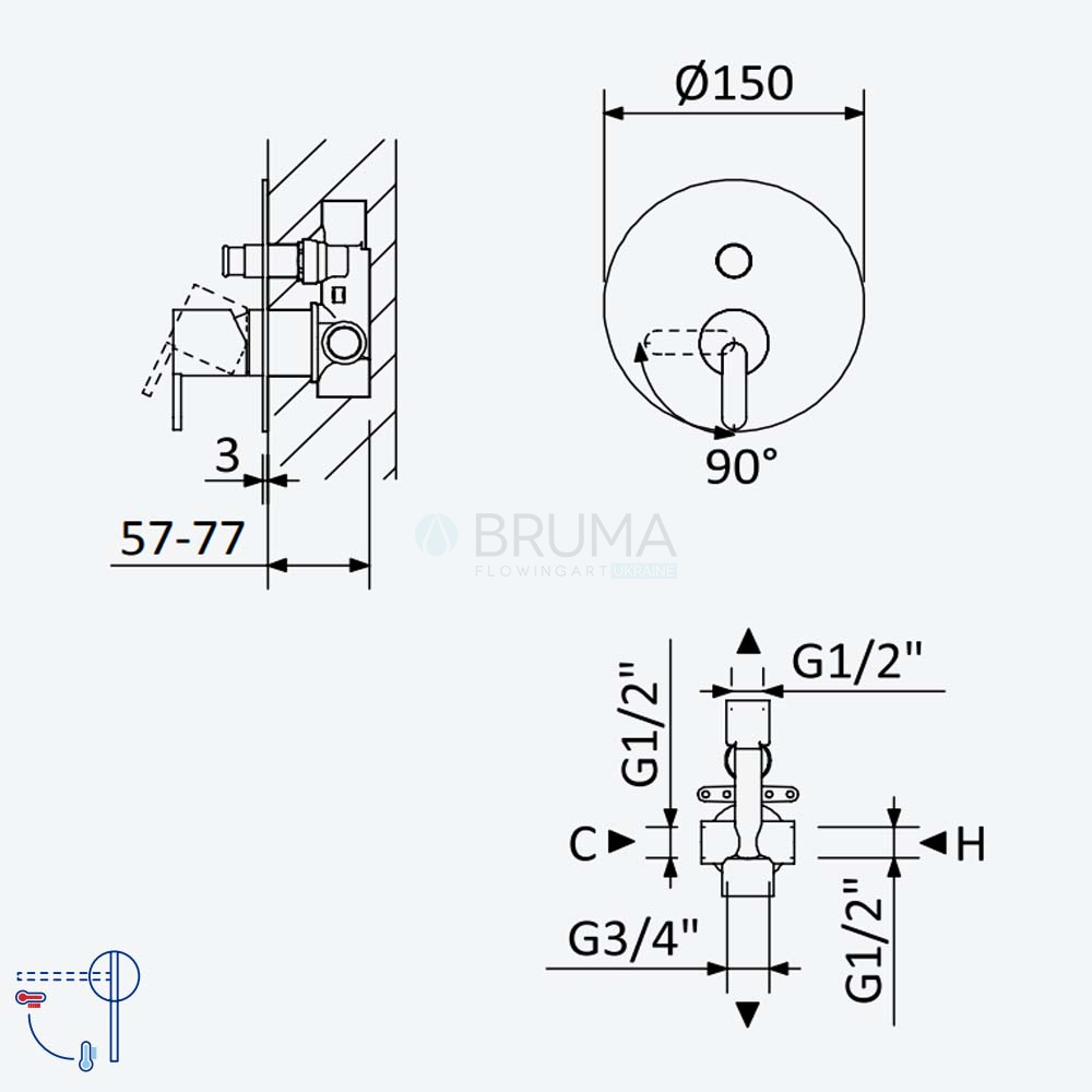 Змішувач прихованого монтажу з 2 виходами тип ручки 2 X-Alpha 186 130 2IS Satin stainless steel