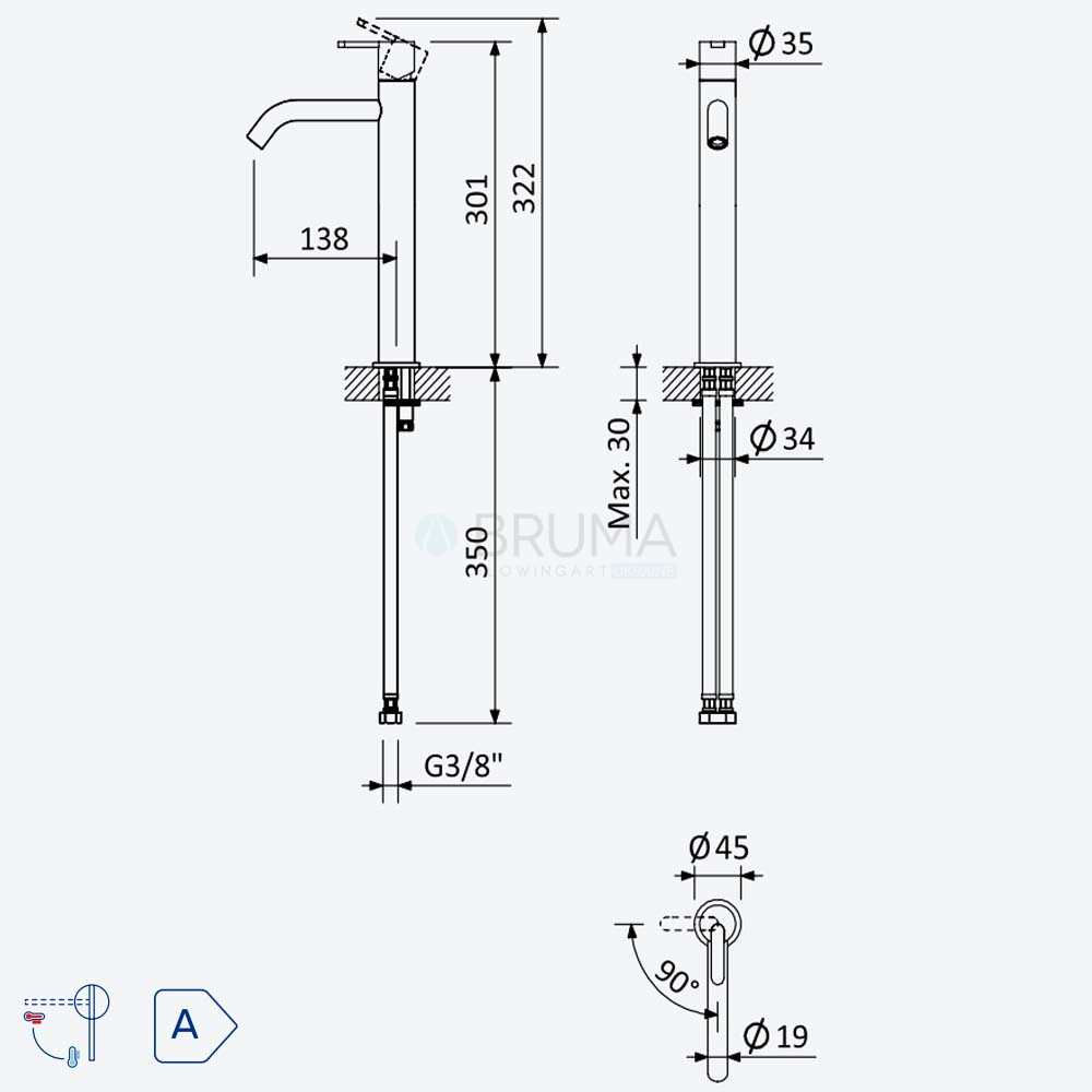 Змішувач для умивальника високий, настільний тип ручки 2 X-Alpha 186 000 5IS Satin stainless steel
