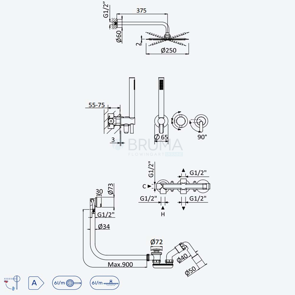 Душовий набір прихованого монтажу, з душовою лійкою Ø250 мм і наливом на ванну через сифон X-Alpha 186 351 1IS Satin stainless steel