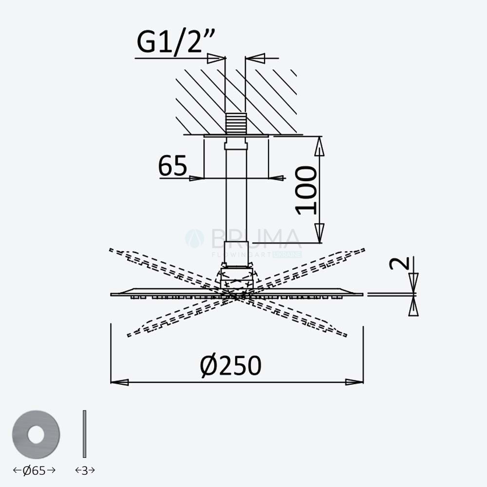 Душова лійка Ø250 мм зі стельовим кріпленням 100 мм X-Alpha 186 532 0IS Satin stainless steel